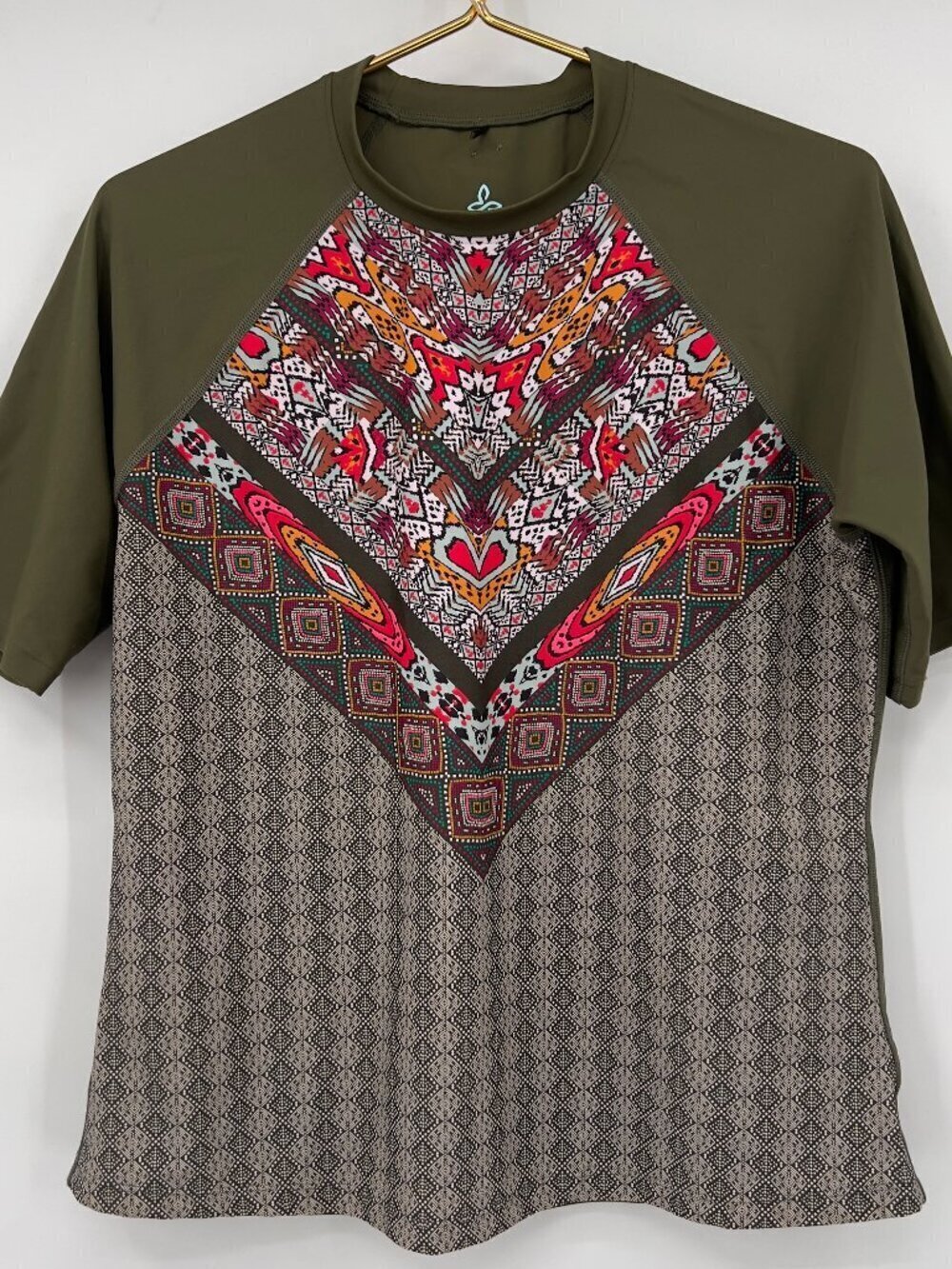 prAna Men’s Printed Short Sleeve Performance Shirt Olive Multicolor Geometric L